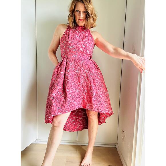 ML Monique Lhuillier Lace Pattern High Low Formal Dress Red white SZ SM Pockets - Picture 1 of 16